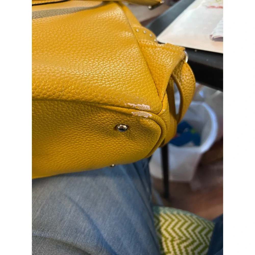 Yellow Faux Leather Studded Mini‎ Backpack Women two small worn places on bottom